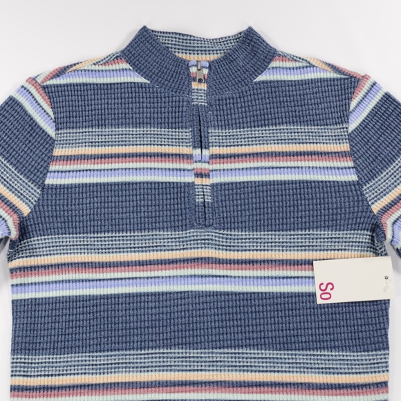 SO Women's Mock Neck Long Sleeve Quarter Zip Cropped Pullover Sweatshirt Blue M - Picture 2 of 9